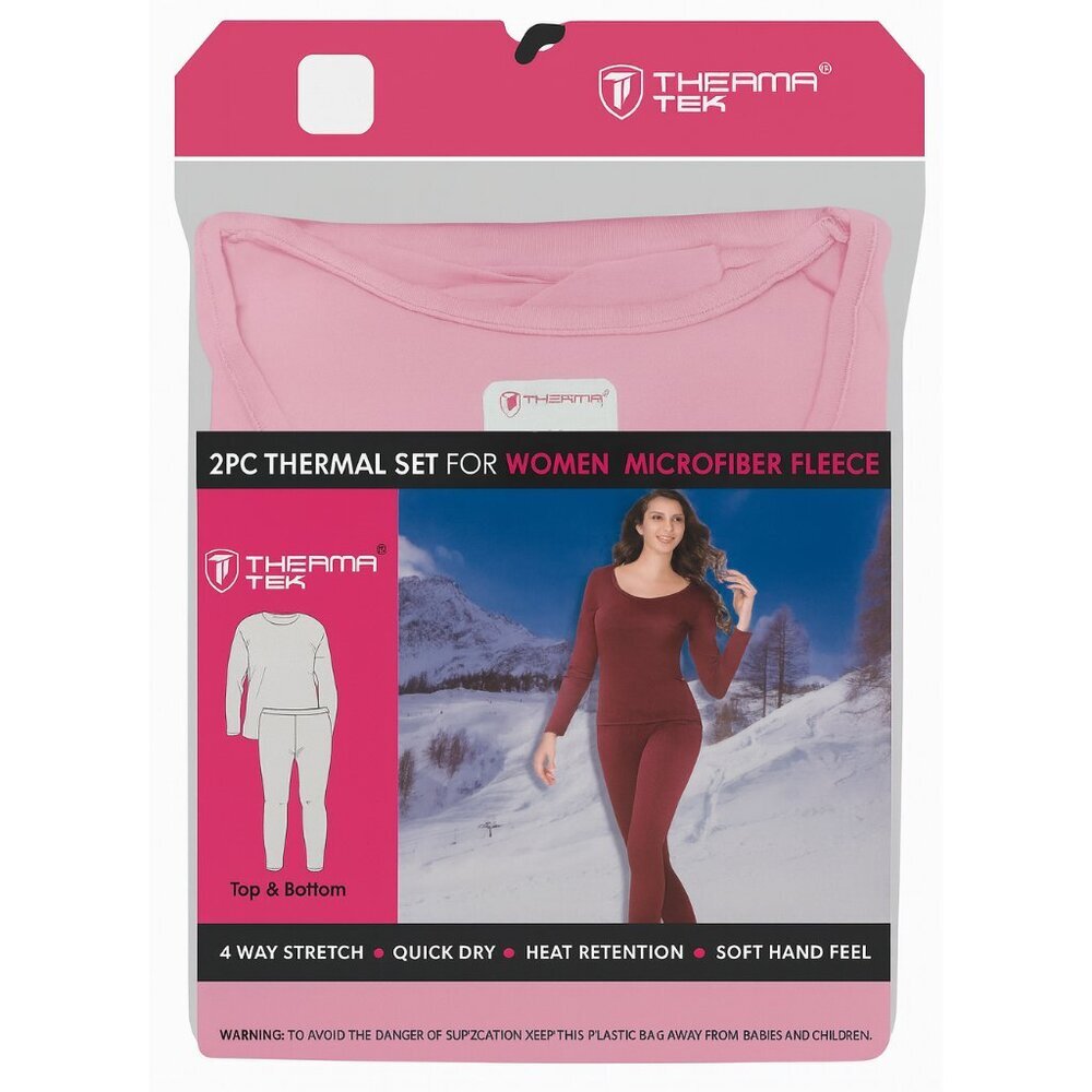 Women Microfiber Fleece Thermal Set Base Layer Top & Bottom, Winter Warm, Pink